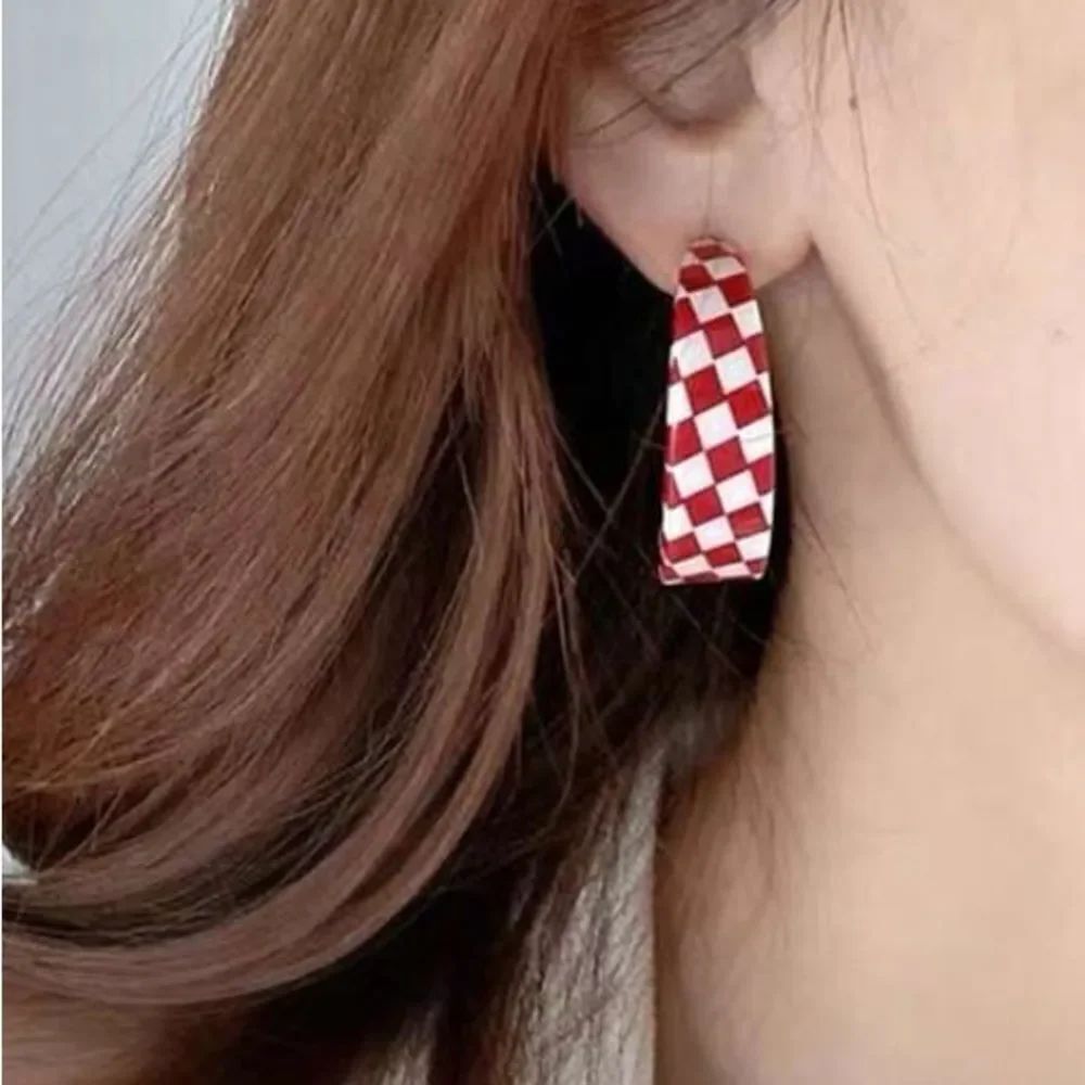 3for$20 1pair Black & White Checkered Minimalist C-Shaped Hoop Earrings